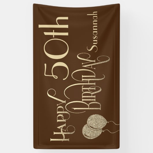 Happy 50th Verjaardag Naam Gold Text Brown Spandoek (Verticaal)