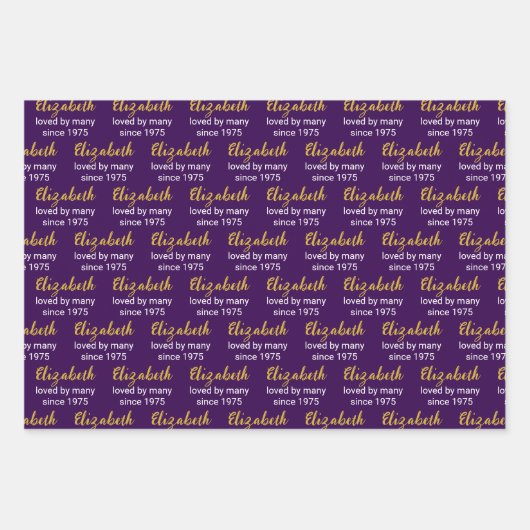 Happy 50th Verjaardag Naam Goud Wit en Paarse Inpakpapier Vel (Voorkant)