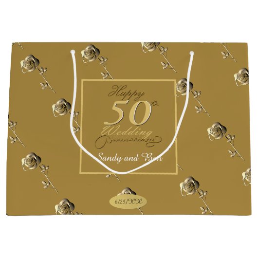 "Happy 50th Wedding Jubileum" 3D Rozen op Ochre Groot Cadeauzakje (Voorkant)