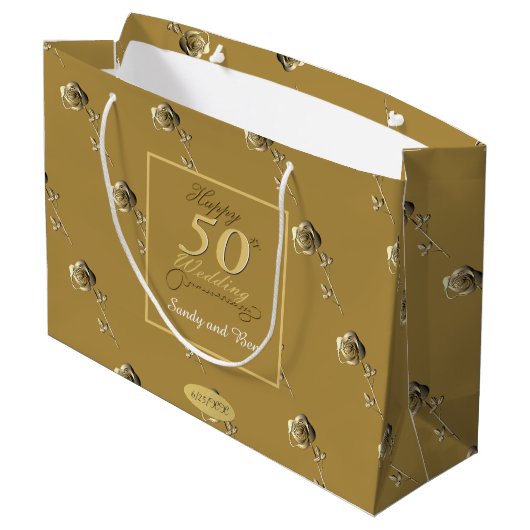 "Happy 50th Wedding Jubileum" 3D Rozen op Ochre Groot Cadeauzakje (Achterkant Gekanteld)
