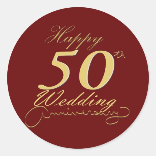"Happy 50th Wedding Jubileum" Golden Red Ronde Sticker (Voorkant)