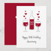 Happy 50th Wedding Jubileum Rode Wijn Hart Kaart (Voorkant / Achterkant)