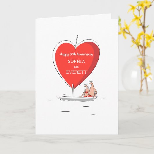 Happy 50th Wedding Jubileum Zeilboot Hart Kaart (Gele Bloem)