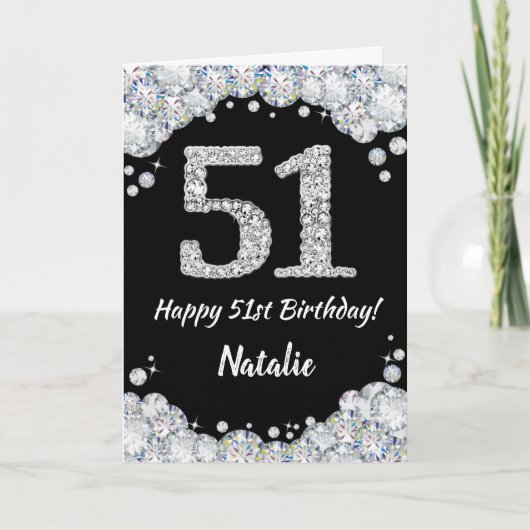 Happy 51st Birthday Black en Silver Glitter Card Kaart (Voorkant)