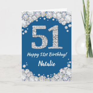 Happy 51st Birthday Blue en Silver Glitter Card Kaart