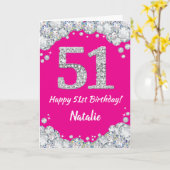 Happy 51st Birthday Hot Pink en Silver Glitter Kaart (Gele Bloem)