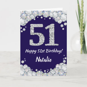 Happy 51st Birthday Navy Blue en Silver Glitter Kaart