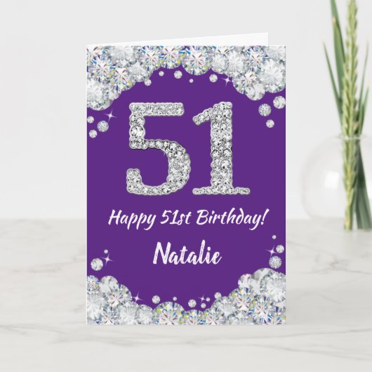 Happy 51st Birthday Paars en Silver Glitter Card Kaart (Voorkant)