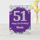 Happy 51st Birthday Paars en Silver Glitter Card Kaart (Gele Bloem)
