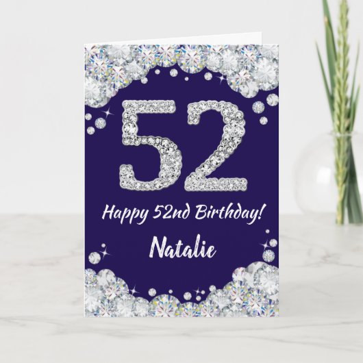 Happy 52e verjaardag Navy Blue en Silver Glitter Kaart (Voorkant)