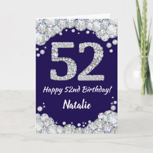 Happy 52e verjaardag Navy Blue en Silver Glitter Kaart
