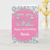 Happy 52e verjaardag Roze en Zilver Glitter Card Kaart (Gele Bloem)