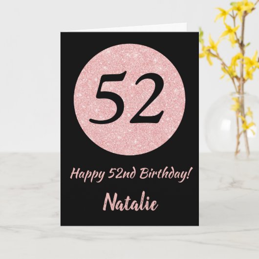 Happy 52nd Birthday Black en Roos Pink Gold Kaart (Gele Bloem)