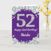 Happy 52nd Birthday Paars en Silver Glitter Card Kaart (Gele Bloem)