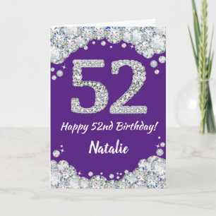 Happy 52nd Birthday Paars en Silver Glitter Card Kaart