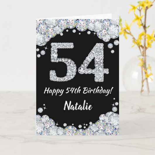 Happy 54th Birthday Black en Silver Glitter Card Kaart (Gele Bloem)