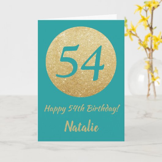 Happy 54th Birthday Blauwgroen en Gold Glitter Kaa Kaart (Gele Bloem)