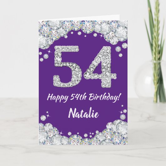 Happy 54th Birthday Paars en Silver Glitter Card Kaart (Voorkant)