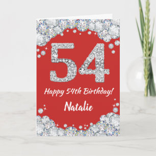 Happy 54th Birthday Red en Silver Glitter Card Kaart