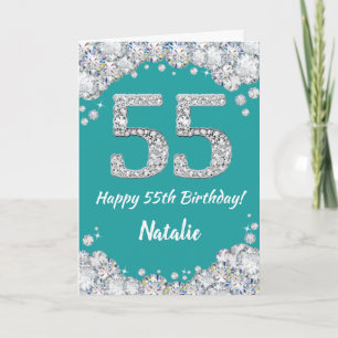 Happy 55th Birthday Blauwgroen en Silver Glitter C Kaart