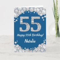 Happy 55th Birthday Blue en Silver Glitter Card