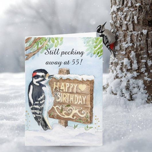 Happy 55th Birthday Downy Woodpecker Kaart