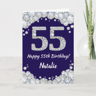 Happy 55th Birthday Navy Blue en Silver Glitter Kaart