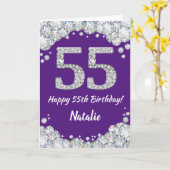 Happy 55th Birthday Paars en Silver Glitter Card Kaart (Gele Bloem)