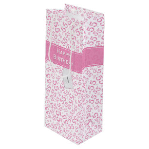 Happy 55th Birthday Party Pattern Pink and White Wijn Cadeautas