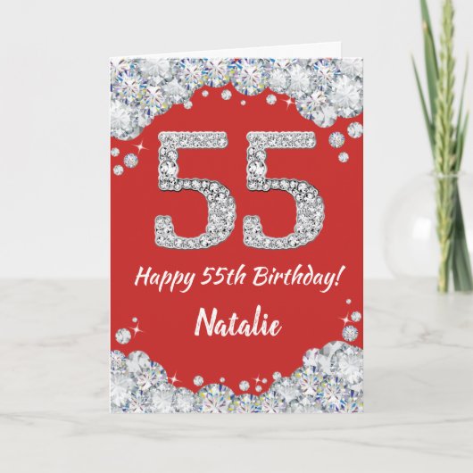 Happy 55th Birthday Red en Silver Glitter Card Kaart (Voorkant)