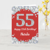 Happy 55th Birthday Red en Silver Glitter Card Kaart (Gele Bloem)