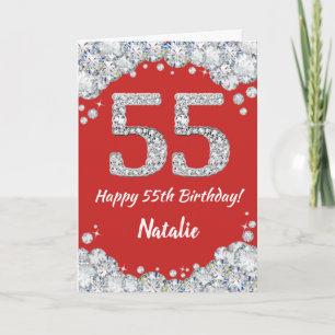 Happy 55th Birthday Red en Silver Glitter Card Kaart