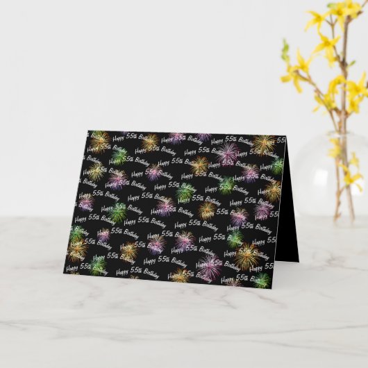 Happy 55th Birthday vuurwerk op zwart Kaart (Gele Bloem)