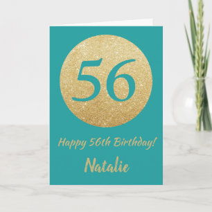Happy 56th Birthday Blauwgroen en Gouden Glitter K Kaart