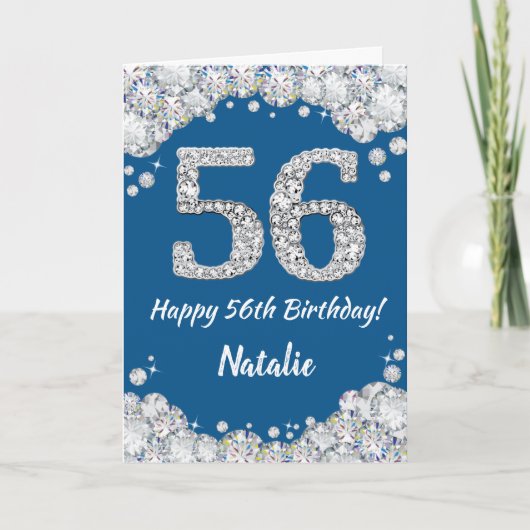 Happy 56th Birthday Blue en Silver Glitter Card Kaart (Voorkant)