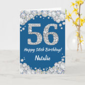 Happy 56th Birthday Blue en Silver Glitter Card Kaart (Gele Bloem)