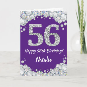 Happy 56th Birthday Paars en Silver Glitter Card Kaart