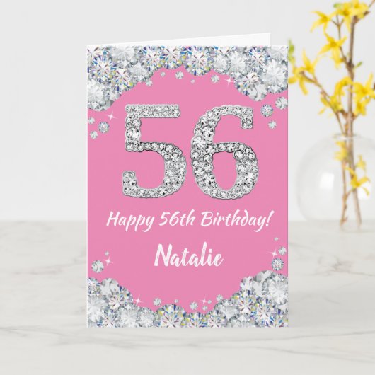Happy 56th Birthday Pink en Silver Glitter Card Kaart (Gele Bloem)