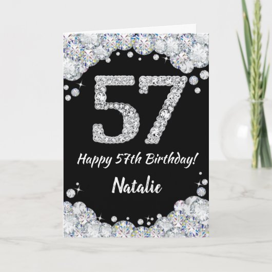 Happy 57th Birthday Black en Silver Glitter Card Kaart (Voorkant)