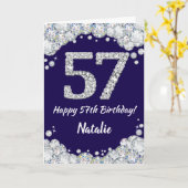 Happy 57th Birthday Navy Blue en Silver Glitter Kaart (Gele Bloem)