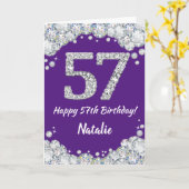 Happy 57th Birthday Paars en Silver Glitter Card Kaart (Gele Bloem)