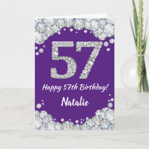 Happy 57th Birthday Paars en Silver Glitter Card Kaart