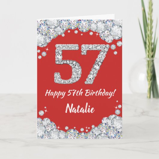 Happy 57th Birthday Red en Silver Glitter Card Kaart (Voorkant)