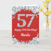 Happy 57th Birthday Red en Silver Glitter Card Kaart (Gele Bloem)