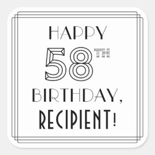 HAPPY 58th BIRTHDAY, Art Deco Style, Custom Name Vierkante Sticker