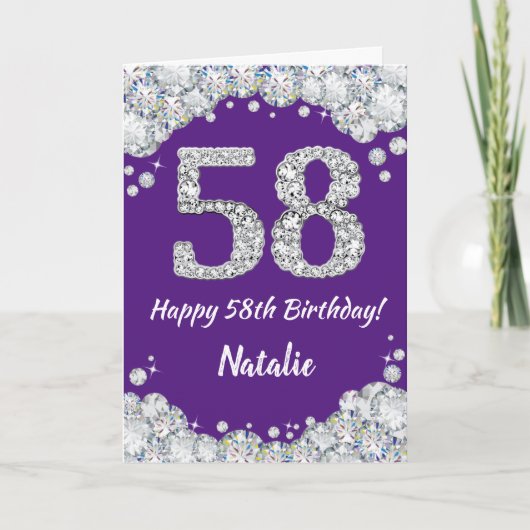 Happy 58th Birthday Paars en Silver Glitter Card Kaart (Voorkant)