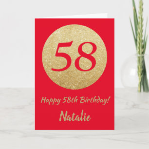 Happy 58th Birthday Red en Gold Glitter Card Kaart
