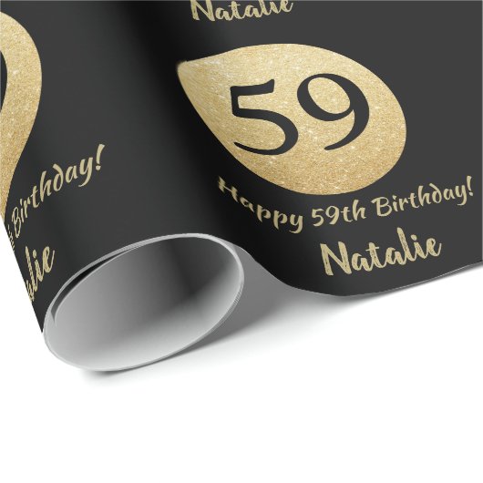 Happy 59th Birthday Black en Gold Glitter Cadeaupapier (Rol Hoek)