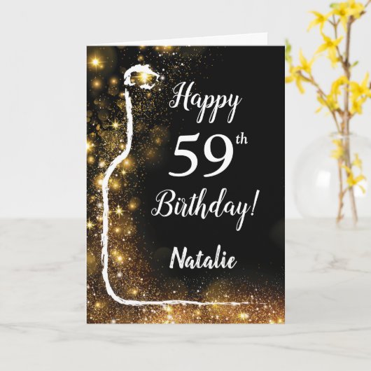 Happy 59th Birthday Black en Gold Glitter Wine Kaart (Gele Bloem)