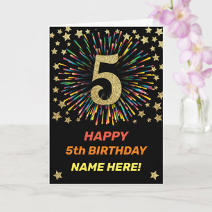 Happy 5th Birthday Black & Gold Rainbow Fireworks Kaart